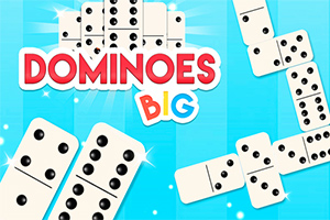 파란색 배경에 검은 점이 있는 도미노 조각들과 DOMINOES BIG라는 글자가 있는 이미지