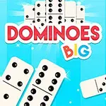 파란색 배경에 검은 점이 있는 도미노 조각들과 DOMINOES BIG라는 글자가 있는 이미지