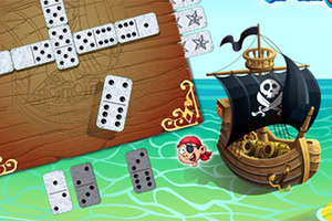 도미노 조각들이 배치된 보드 위에 해적선과 해적 캐릭터가 있는 장면