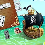 도미노 조각들이 배치된 보드 위에 해적선과 해적 캐릭터가 있는 장면