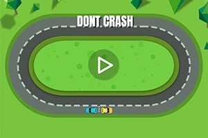 초록색 배경 위에 타원형 트랙과 도로, 두 대의 자동차가 있는 이미지