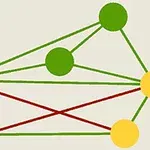 노란색과 초록색 구가 여러 개의 초록색과 빨간색 선으로 연결된 형태