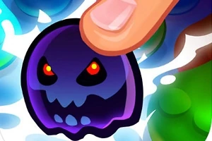 어두운 배경에 빨간 눈을 가진 보라색 해골 모양의 캐릭터를 손가락으로 누르는 모습