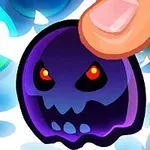 어두운 배경에 빨간 눈을 가진 보라색 해골 모양의 캐릭터를 손가락으로 누르는 모습