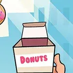 핑크색 도넛을 손으로 잡고 있는 장면과 도넛 상자가 그려져 있는 이미지