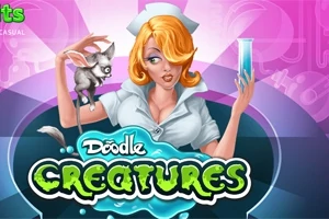 금발 머리를 가진 간호사가 실험실 가운을 입고 한 손에는 작은 동물, 다른 손에는 파란색 시험관을 들고 있는 모습