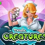 금발 머리를 가진 간호사가 실험실 가운을 입고 한 손에는 작은 동물, 다른 손에는 파란색 시험관을 들고 있는 모습