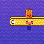 노란색 물결무늬 막대와 웃는 얼굴이 있는 주황색 호박 그림 캐릭터, 보라색 배경입니다