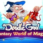 마법사 모자와 수염을 가진 마법사가 작은 빨간 드래곤을 손에 들고 있는 모습