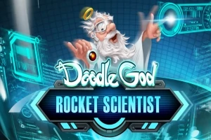 하늘색 배경에 하얀 수염을 가진 노인이 홀로그램을 조작하는 모습과 함께 Doodle God: Rocket Scientist라는 글자가 중앙에 위치