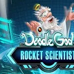 하늘색 배경에 하얀 수염을 가진 노인이 홀로그램을 조작하는 모습과 함께 Doodle God: Rocket Scientist라는 글자가 중앙에 위치