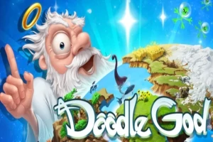 하늘색 배경에 흰 수염을 가진 노인과 떠 있는 땅 조각들이 있는 이미지