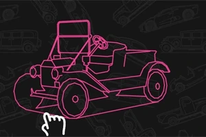 분홍색 선으로 그려진 고전적인 자동차 그림과 하단에 흰색 손 모양 아이콘이 있는 이미지