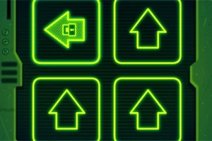 녹색 네온 화살표 네 개가 직사각형 윤곽 안에 정렬되어 있는 이미지