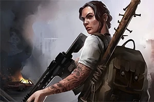 타투가 있는 여성이 무기를 들고 있고, 배경에 화염이 있으며 강렬한 표정을 짓고 있다