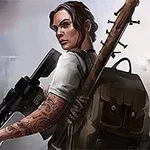 타투가 있는 여성이 무기를 들고 있고, 배경에 화염이 있으며 강렬한 표정을 짓고 있다