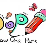 만화 스타일의 알파벳 글자들과 체리, 전구, 연필, 나비가 포함된 이미지