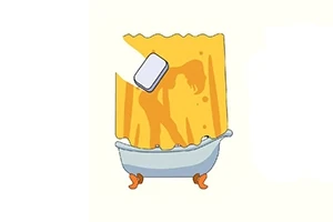 노란색 커튼 뒤로 욕조에 있는 사람의 실루엣이 비치는 장면