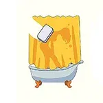 노란색 커튼 뒤로 욕조에 있는 사람의 실루엣이 비치는 장면