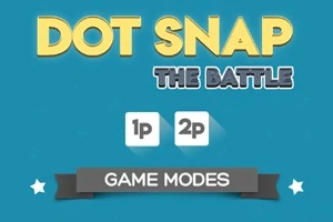 파란색 배경에 DOT SNAP THE BATTLE 텍스트와 1p, 2p 버튼이 있으며, 하단에 GAME MODES가 적힌 회색 배너가 있는 이미지
