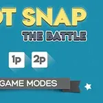 파란색 배경에 DOT SNAP THE BATTLE 텍스트와 1p, 2p 버튼이 있으며, 하단에 GAME MODES가 적힌 회색 배너가 있는 이미지
