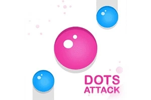 핑크색과 파란색의 큰 구와 작은 구가 흰색 배경 위에 있으며, DOTS ATTACK라는 글자가 쓰여져 있습니다