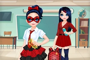 교실 배경에서 빨간색과 검은색 테마의 옷을 입고 있는 두 여성 캐릭터