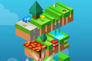 부유하는 다단계 플랫폼 위에 나무, 차, 폭포, 그리고 작은 집이 있는 픽셀화된 풍경