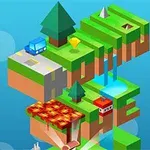 부유하는 다단계 플랫폼 위에 나무, 차, 폭포, 그리고 작은 집이 있는 픽셀화된 풍경