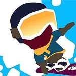 파란색 배경 위에 스노보드를 타는 캐릭터가 눈 보호 안경을 착용하고 있습니다