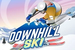 스키를 타고 눈 덮인 산을 내려오는 스키어의 일러스트와 Downhill Ski라는 텍스트