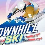 스키를 타고 눈 덮인 산을 내려오는 스키어의 일러스트와 Downhill Ski라는 텍스트