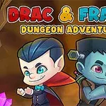 어두운 배경 앞에 빨간 망토를 두른 흡혈귀와 볼트가 박힌 머리의 괴물 캐릭터가 서 있는 모습