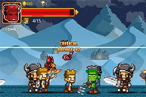 픽셀 그래픽으로 표현된 캐릭터들이 겨울 배경에서 전투를 벌이고 있는 장면