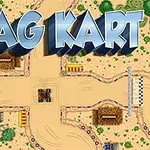 모래길과 장애물이 있는 경주 트랙 위에 DRAG KART라는 글자가 있는 이미지