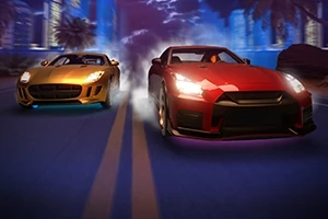 두 대의 스포츠카가 밤에 도시 도로에서 경주하는 장면