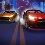 두 대의 스포츠카가 밤에 도시 도로에서 경주하는 장면