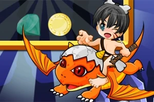 해골 모양의 모자를 쓴 인물이 주황색 드래곤을 타고 있는 만화 스타일의 이미지