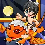 해골 모양의 모자를 쓴 인물이 주황색 드래곤을 타고 있는 만화 스타일의 이미지