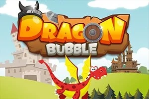 붉은색 용과 성, DRAGON BUBBLE라는 텍스트가 포함된 배경