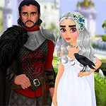 중세 스타일의 옷을 입은 남성과 드레스를 입은 여성이 성을 배경으로 서 있으며, 여자는 손에 까마귀를 올려놓고 있고 뒤에 녹색 용이 보인다