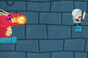 용사가 칼을 들고 붉은 용에게 불을 쏘는 장면