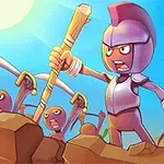 보라색 투구와 갑옷을 입은 캐릭터가 막대를 들고 군중 앞에 서 있는 모습