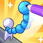 파란 구슬로 이뤄진 구불구불한 구체에 보라색 연필이 결합된 그림이 노란색 배경에 그려져 있다