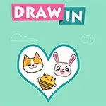 하늘색 배경의 이미지 중앙에 고양이, 토끼, 벌의 얼굴이 하트 모양 안에 그려져 있으며, 위에는 DRAW IN이라는 텍스트가 있습니다