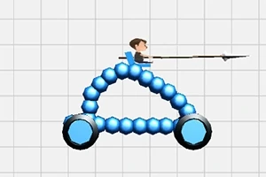 파란 구슬로 구성된 차량에 앉아 창을 든 사람