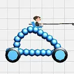 파란 구슬로 구성된 차량에 앉아 창을 든 사람