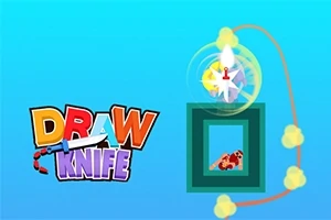 파란 배경에 화려한 글자와 칼 아이콘, 사각형 안에 그림이 있는 이미지