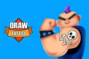 파란 배경에 해골과 뼈 타투가 있는 팔을 구부린 캐릭터와 DRAW TATTOO라는 텍스트