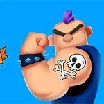 파란 배경에 해골과 뼈 타투가 있는 팔을 구부린 캐릭터와 DRAW TATTOO라는 텍스트